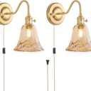 Plug in Wall Sconce Set of 2, Gold Vintage Wall Decor Lights with Amber Morning Glory Glass Shade, Indoor Brass Corded Wall Lamp Fixture for Bedroom Living Room Bathroom Hallway (2 Light Plug in)