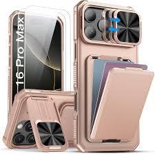 SSLOTSCASE for iPhone 16 Pro Max Case with Wallet & Sliding Lens Cover & Kickstand & Credit Card Holder, MilitaryGrade Protection Rugged Phone Case Cover for iPhone 16 Pro Max 6.9'' 2024, Rose Gold