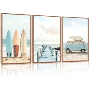 HOURIA 3Pcs Summer Coastal Beach Canvas Wall Art (16"x24"), Summer Tropical Ocean Themed Wall Decor, Vintage Camper Van Boardwalk Surfboard Art Print for Living Room Bedroom Office