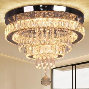 Finktonglan 16" Crystal Chandelier 2 Rings Crystal Ceiling Light Fixture Modern Chandelier LED Chandeliers Light Fixture for Dinning Room Bedroom Living Room 2700K Warm Light, Not Golden