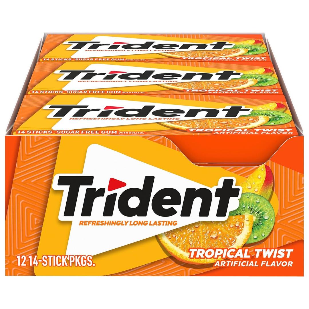 Trident Tropical Twist Sugar Free Gum, 12 Packs of 14 Pieces (168 Total Pieces) (EXP 06/21/26)