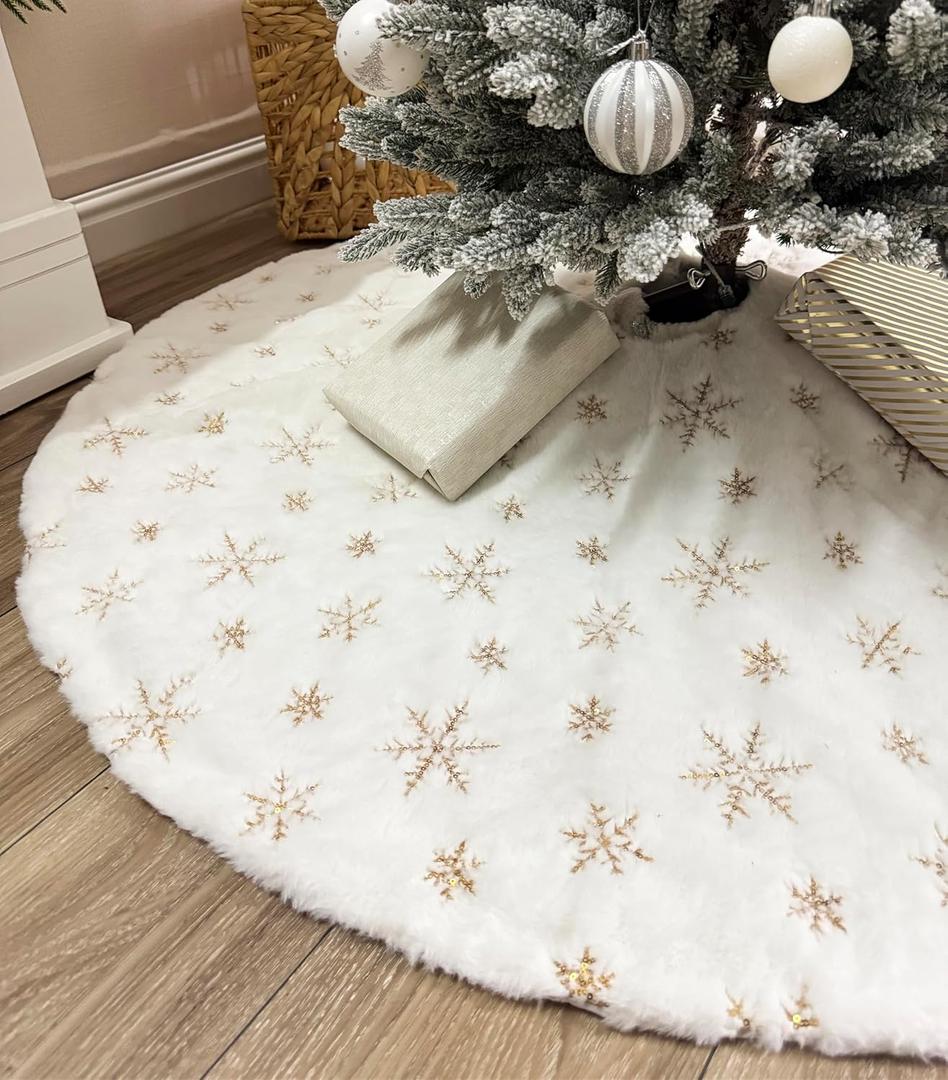 AOGU 48 Inch Sequin Faux Fur Christmas Tree Skirt Decoration for Merry Christmas Party White Plush Gold Sequin Snowflake Xmas Christmas Tree Skirt Decorations