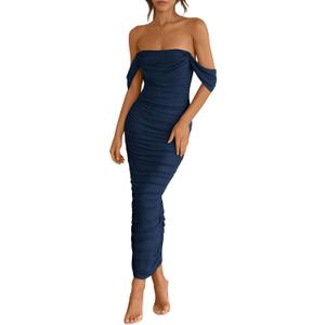 PRETTYGARDEN Womens 2026 Summer Off The Shoulder Dress Ruched Bodycon Sleeveless Split Cocktail Party Maxi Dresses (Large, Navy)