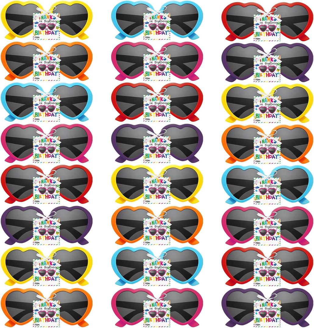 24 Set Creative Tropical Birthday Party Sunglasses Gift for Kids with Thanks Card Summer Tropical Heart Shaped Sunglasses Bulk First Day of School Gifts Kids Classroom Party Supplies
