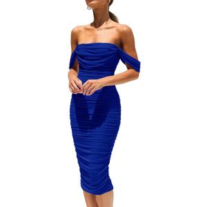 PRETTYGARDEN Summer Wedding Guest Dresses for Women 2026 Off the Shoulder Ruched Bodycon Spring Midi Cocktail Party Dress (Blue, M)