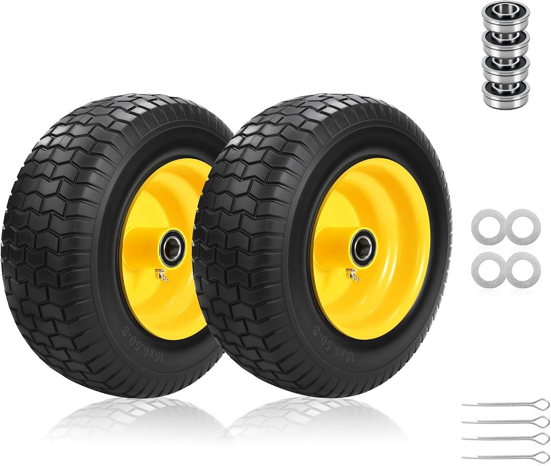 2PC 16x6.50-8 Flat Free Lawn Mower Front Tires and Wheels with 1" Bearings.