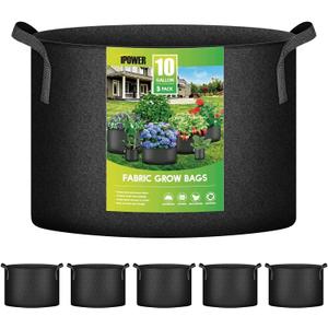 iPower 5-Pack 10 Gallon Plant Grow Bags Thickened Nonwoven Aeration Fabric Pots Heavy Duty Durable Container, Strap Handles for Garden, Black