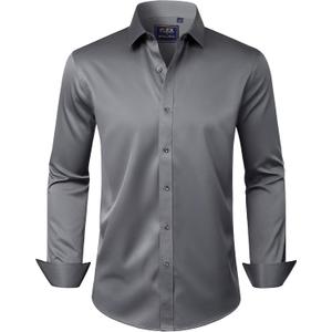 J.VER Boy's Long Sleeve Dress Shirts Solid Stretch Wrinkle-Free Shirt Kids Casual Button Down Shirts School Uniform (Gray)10-11Y