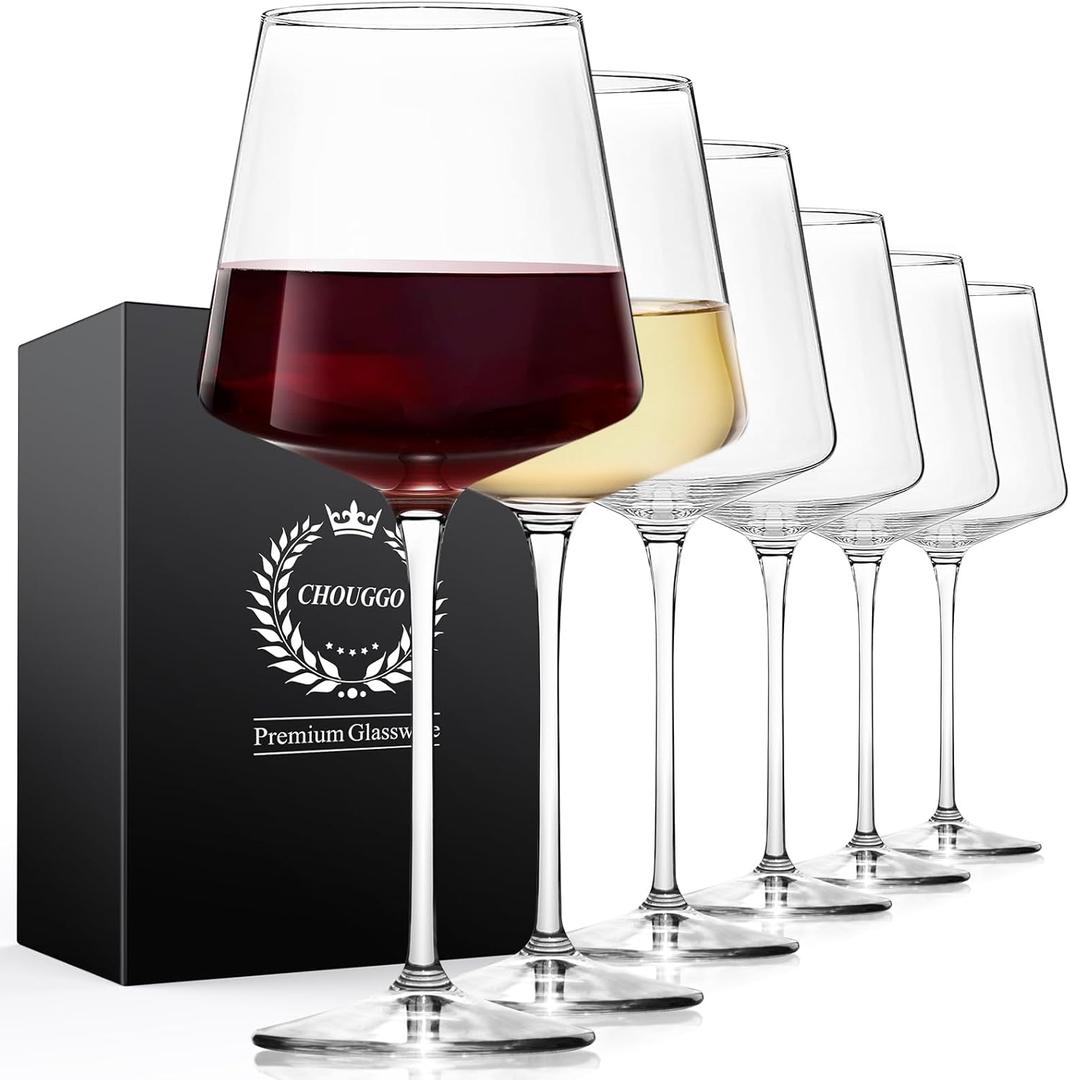 Chouggo 21Oz Crystal Glasses Set of 6, Premium Large White or Red Glasses, Hand Blown Tall Long Stem, Gifts for Women, Men, Wedding, Anniversary, Christmas, Birthday