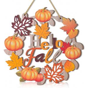 Soochat Hello Fall Wreaths, Fall Door Wreath, Wooden Fall Door Sign Hanging Pumpkin Maple Leaf Wreath with Autumn Sign for Thanksgiving Fall Harvest Outdoor Indoor Party Decor