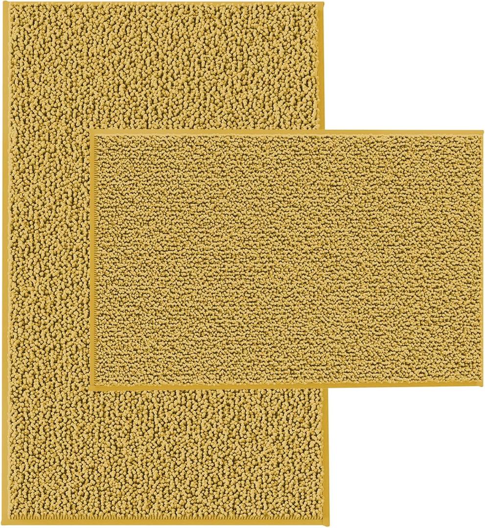 Gold Bathroom Mats Set - 2 Piece Chenille Non Slip Plush Bath Rugs with U-Shaped Toilet Rug, Size: 32"L x 20"W + 24"L x 16"W