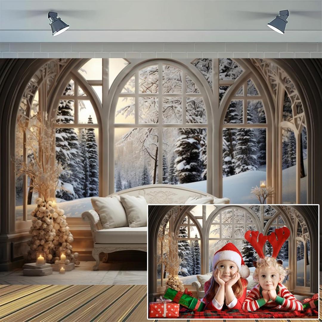 Christmas Backdrop 10x8ft White Couch Window Forest Snowscape Winter Cozy Room Background Xmas Family Party Decoration Supplies Portrait Photo Booth (kahki)