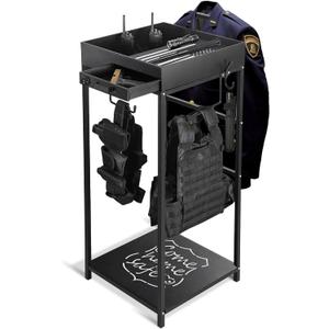 Police Gear Stand, Police Hanger, Tactical Duty Gear Rack with 3 Hooks, Free-Standing All Iron Frame Police Gift Decor with Flag, Black, Come Home Safe