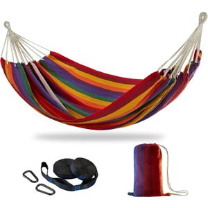 Brazilian Double Hammock with Tree Straps,Extra Large 240x160cm,2 Persons Hammock for Backyard Patio Outdoor and Indoor,450lbs Weight Capacity,Soft Woven Cotton Fabric (Red Stripe)