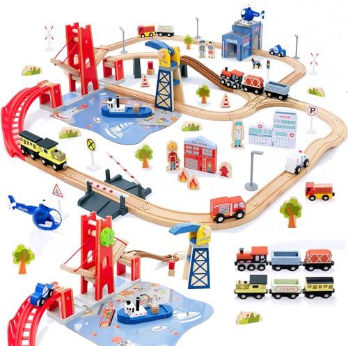 Giant bean 117 Pcs Busy Port City Wooden Train Set for Kids- Expandable & Changeable Wooden Train Track Set Toy, for Boys & Girls Ages 3-14