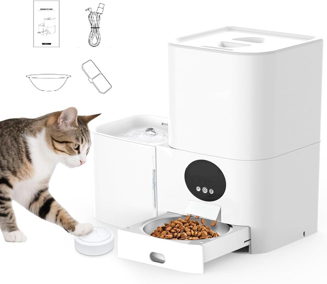 Smart WiFi Automatic Cat Feeder with Water Fountain - 5G App Control, Programmable Pet Food Dispenser, Voice Recording, 5L/20 Cups Capacity & 3L/100oz Water Tank (White)