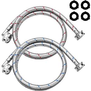 Upgraded 4Ft Stainless Steel Washer Hose with 90 Degree Elbow by Puxyblue for All Washers - 2 Pack Burst Proof Red and Blue Braided Hoses for Hot and Cold Water Supply