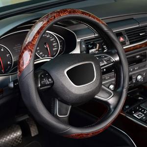 KAFEEK Wood Grain Steering Wheel Cover, Universal 15 inch, Microfiber Leather,Anti-Slip, Odorless (Standard size[14.5"-15"], Black)