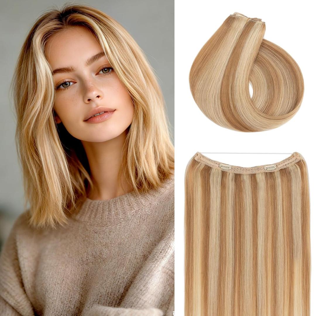 Rich Choices Short Halo Hair Extensions Real Human Hair Remy Hairs Halo Extension for Women Invisible Wire Clip in Hairpiece for Short Hairs 12 Inch #12P613 Golden Brown Highlight Bleach Blonde