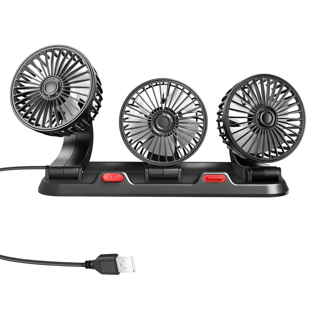 Portable 3-Head Car Cooling Fan - 2-Speed Adjustable, 360 Rotating USB Fan Powerful Airflow for Vehicles, RVs, and SUVs