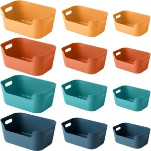 OWill 12-Pack Mixed Plastic Storage Bins and Baskets for Efficient Home Classroom Organization - Small Containers in Multiple Colors for Kitchen, Cupboard Box, Bathroom Organizer on Shelves and Tubs