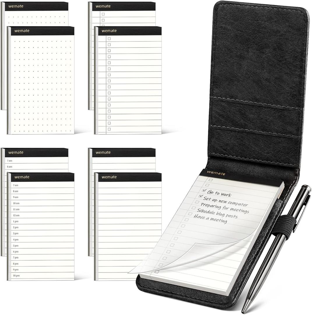 WEMATE 10 Pieces Small Notepad Holder Set Pocket Notebook - Included Mini Pocket Notepad Holder Set with 8 Memo Book Refills and Metal Pen for Meetings, Daily Records, and Notes 3 x 5 Inch (Black)