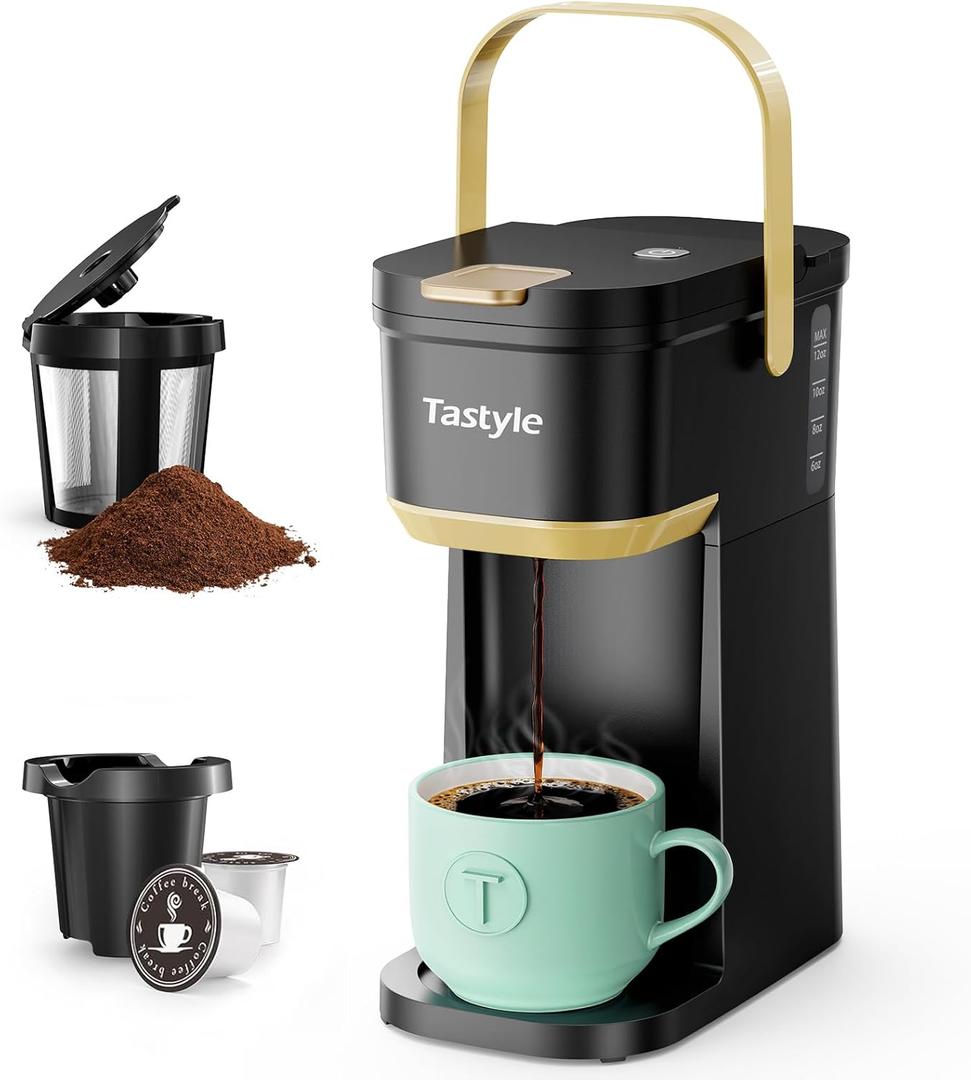 Tastyle Single Serve One Cup Coffee Maker, for K-Cups and Grounds, Mini Coffee Maker with Portable Handle, 6 to 12 Oz Brew Size, for Travel, Camping, Office, RV and Dorm, 120V, Black and Gold