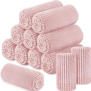 Buryeah 12 Pcs Flannel Throw Blanket Bulk 50 x 60 Inch Sleepover Blankets Wedding Throw Soft Lightweight with Striped Ribbed for Sofa Room Couch Donation Homeless Gifts (Light Pink)