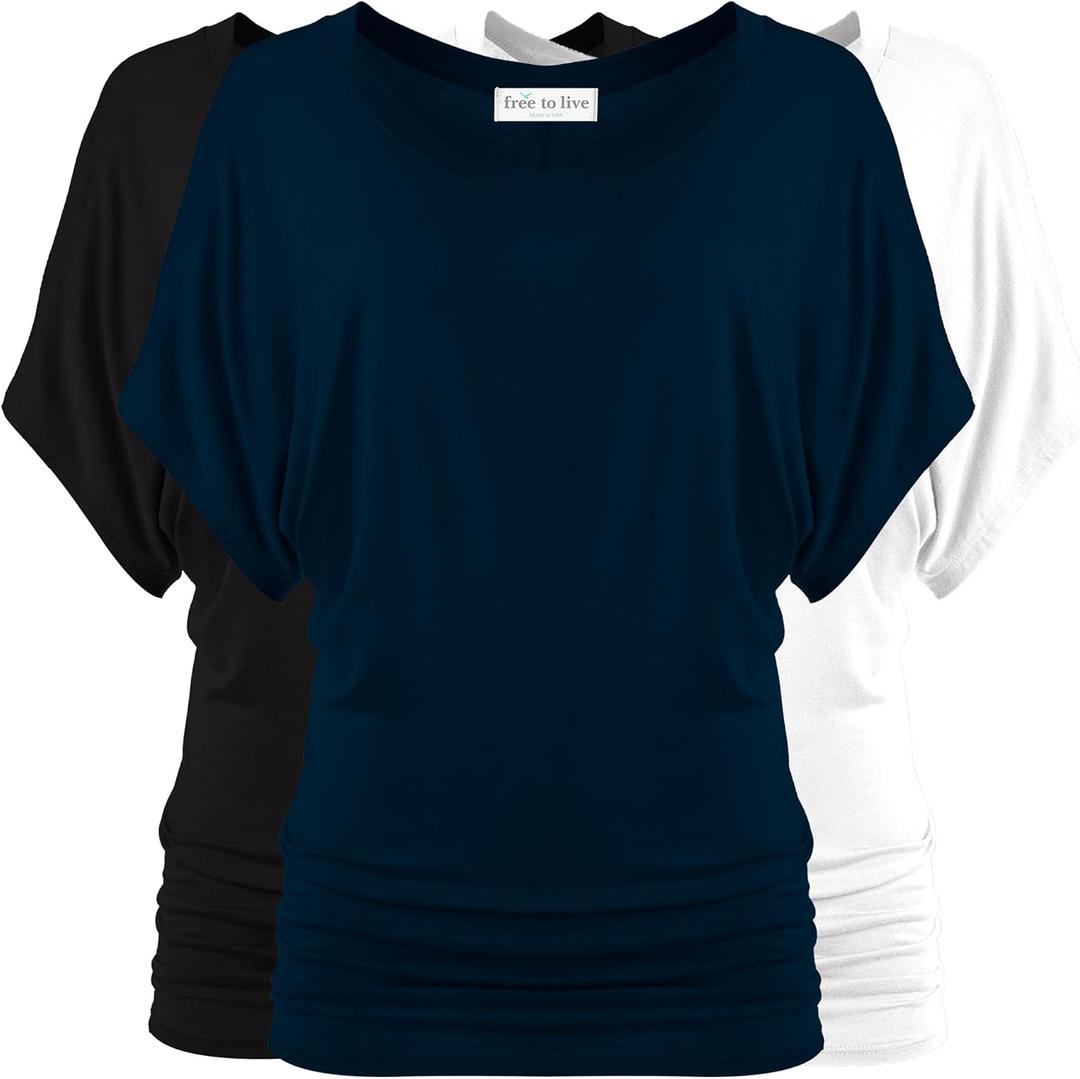 Free to Live 3 Pack Dolman Sleeve Tunic Dressy Business Casual Tops for Women Short Sleeve Shirts Work Outfits Travel Clothes (Medium, Black, Navy, White)