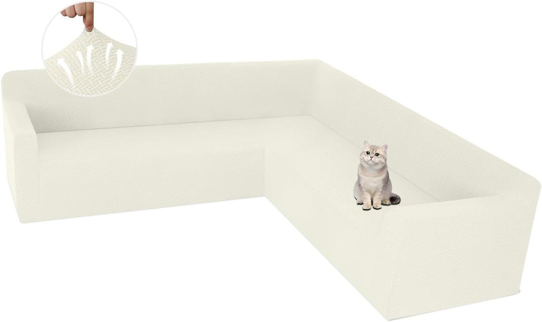 ALIECOM Stretch Corner Sectional Couch Covers L Shape Sofa Covers Washable Sectional Slipcovers U Shape Jacquard Living Room Pet Dogs Furniture Protector with Elastic Bottom (Cream White, Middle)