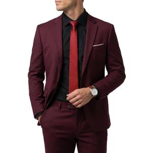 Hihawk Men's 2 Piece Suit with Tie, One Button Slim Fit Solid Jacket & Pants Set, Suits for Men Party Wedding Prom & Business (XX-Large, Burgundy)