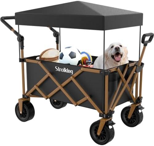 Strolking 160L Collapsible Wagon with Canopy, 8 inch All-Terrain Wheels, 330Lbs Capacity for Camping, Shopping, Outdoor Use, Lightweight, Foldable