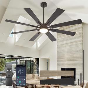 Large Ceiling Fans with Lights: Modern 66 Inch 8 Blade Outdoor Ceiling Fan with Remote APP Control - Dimmable Black Big Fan light Indoor Reversible 6 Speed Quiet DC Motor