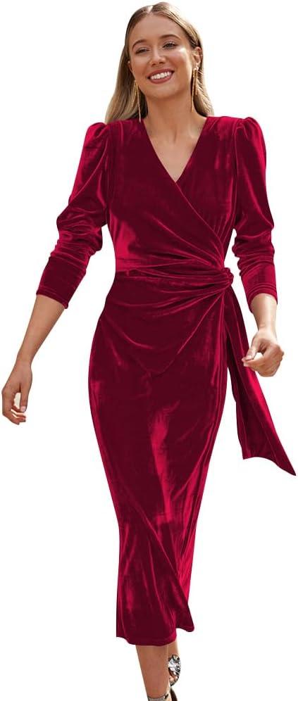 IBTOM CASTLE Women Velvet Dress Long Sleeve Ruched Bodycon Christmas Wedding Evening Cocktail Party Gown Fall Winter Clothes (Medium, Red)