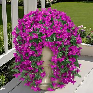 Ouddy Decor 3 Pcs Artificial Hanging Bougainvillea Flowers for Outdoors, Fake Hanging Plants Silk Flowers Long Trailing Vines UV Resistant for Planter Porch Patio Balcony Home Decor, Fuchsia