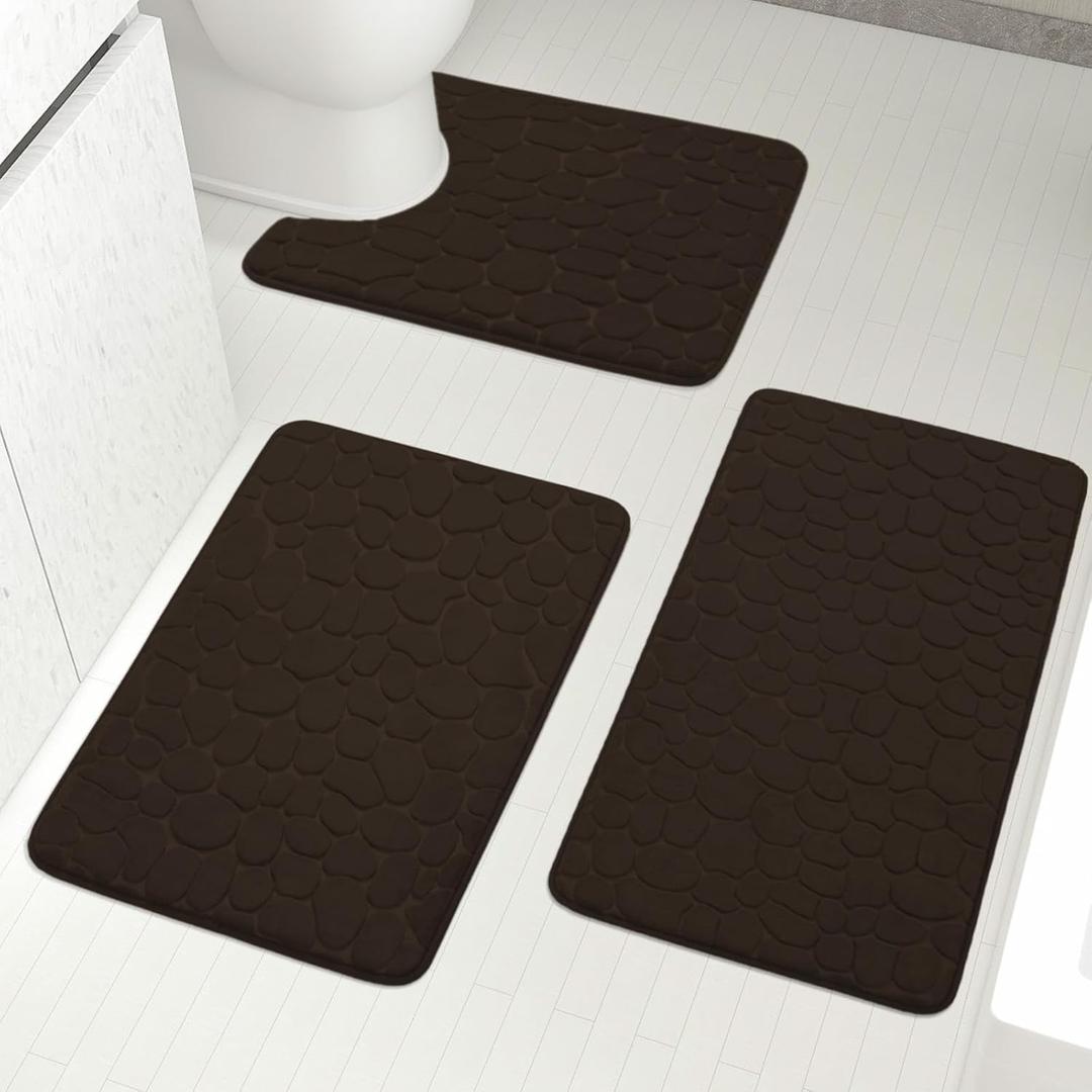 YIHOUSE Bathroom Rugs Mat Set 3 Piece Brown, Memory Foam Bath Mats Sets, Non Slip Water Absorbent Washable Bath Rugs for Sink, Toilet and Floor