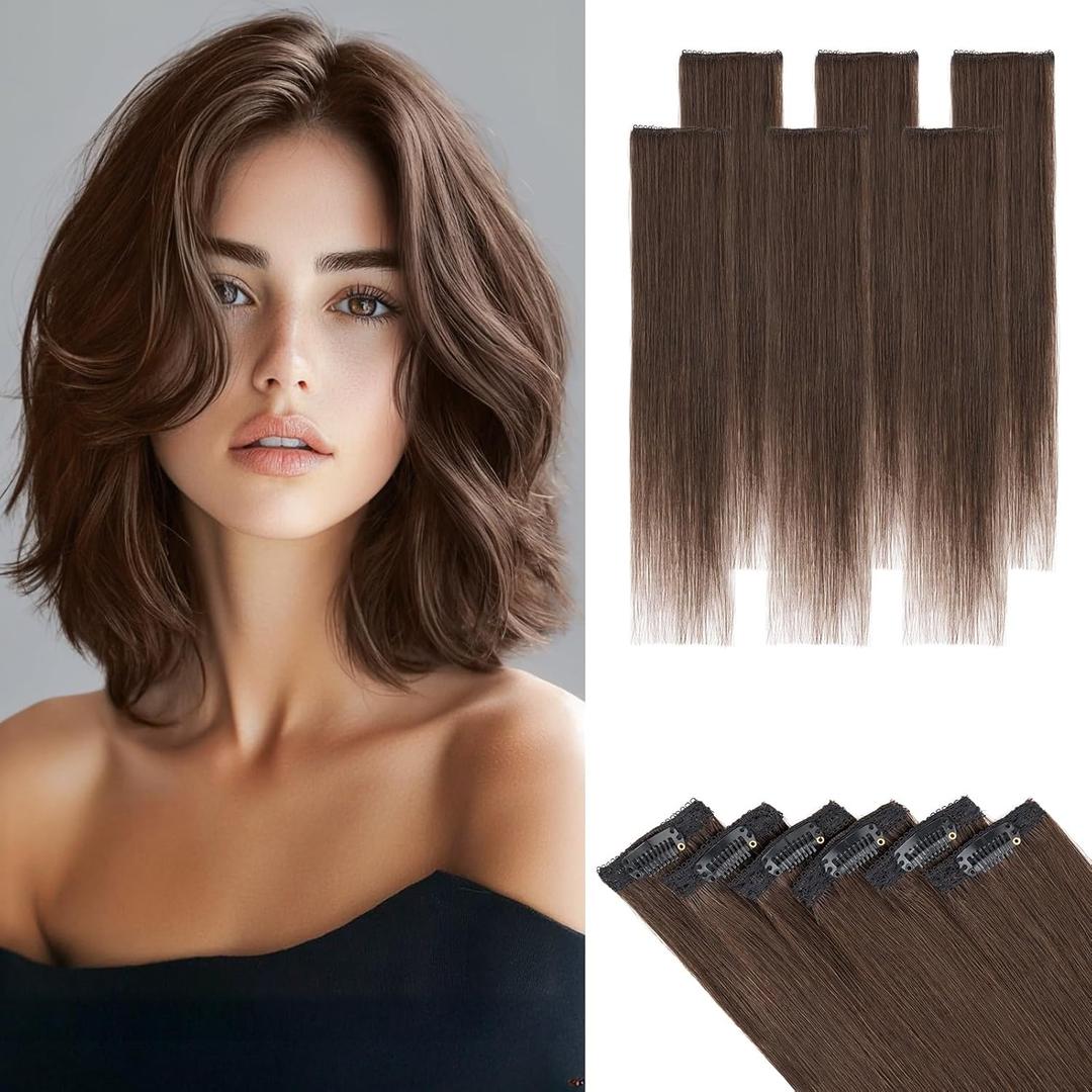 Short Hair Extensions Clip ins,S-noilite Short Clip in Hair Extensions Real Human Hair,Mini Hairpieces for Add Volume and Highlights,6 Pieces 31g 10 inch Dark Brown