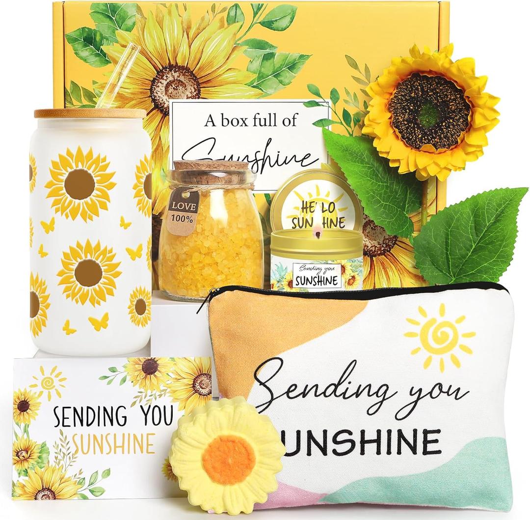 Birthday Gifts for Women Sunflower Gifts Get Well Soon, Sending Sunshine Gift Baskets, Self Care Spa Gift for Women Her Mom Best Friends Sister, Thank You Christmas Day w/Glass Cup