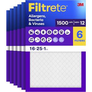 Filtrete 16x25x1 Air Filter, MERV 12, MPR 1500, Allergens, Bacteria & Viruses, 3-Month AC and Furnace Filters, Cleaner Air, Reliable Airflow, 6 HVAC Filters (Actual Size 15.62 x 24.62 x 0.78 in)