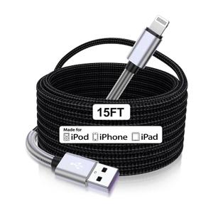 Cabepow 15 FT Extra Long iPhone Charger Cord,[Apple MFi Certified] Long Apple Lightning Cable 5M,2.4A Nylon Braided iPhone Fast Charging Cord for iPhone 14/14pro/13/12/11/11Pro/X/XS/XR/XS Max/8/7 (Silver)