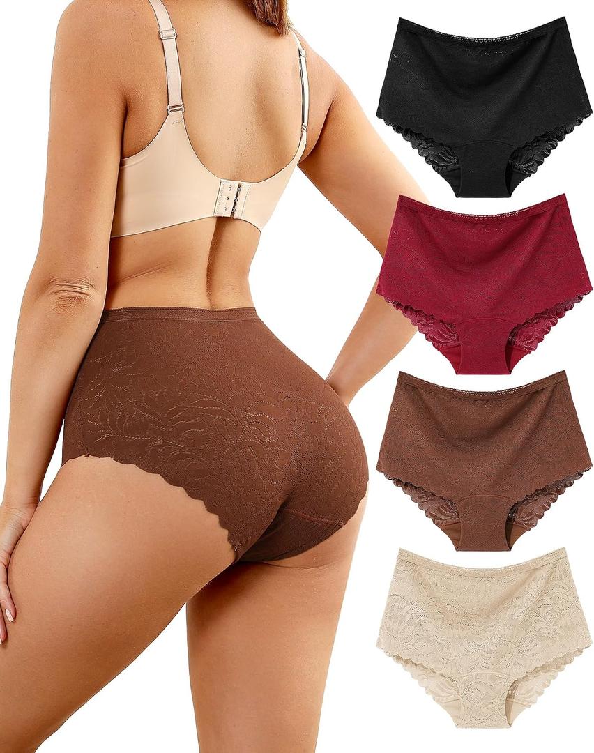 LEVAO High Waist Lace Underwear for Women Sexy Breathable Soft Briefs 4 Pack (L)