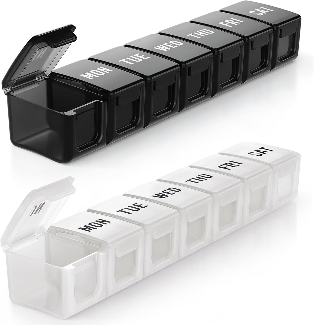 BUG HULL Weekly Pill Organizer Large 2 Packs, Extra Large Travel Pill Organizers, Pill Box 7 Day, Travel Pill Case, Medicine Pill Organizer for Vitamins, Supplements and Medications (Black+White)