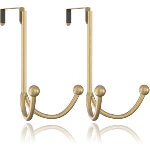 HFHOME 2Packs Over The Door Double Hanger Hooks, Metal Twin Hooks Organizer for Hanging Coats, Hats, Robes, Towels- Gold