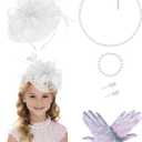 Girls Tea Party Fascinators Hats with Lace Gloves Pearl Necklace Earring Jewelry for Tea Party Wedding Accessories