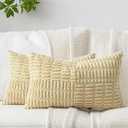 DEZENE Patchwork Throw Pillow Covers Set of 2 Striped Soft Corduroy Rectangular Lumbar Decorative Couch Pillow Cases Boho Accent Farmhouse Home Decor for Bed Sofa Living Room, Beige, 12x20-Inch