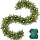 9FT Christmas Garland Pre-lit 50LED Lights Holiday Artificial Decor for Stairs Mantle Door Indoor Outdoor Garland with Battery Operated Timer (Pinecone Green)