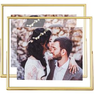 8x10 Floating Picture Frames Set of 2, Made of Metal and Double Real Glass, for Photo Size up to 10x12, Tabletop Display Home or Wedding Decoration (Horizontal Gold)
