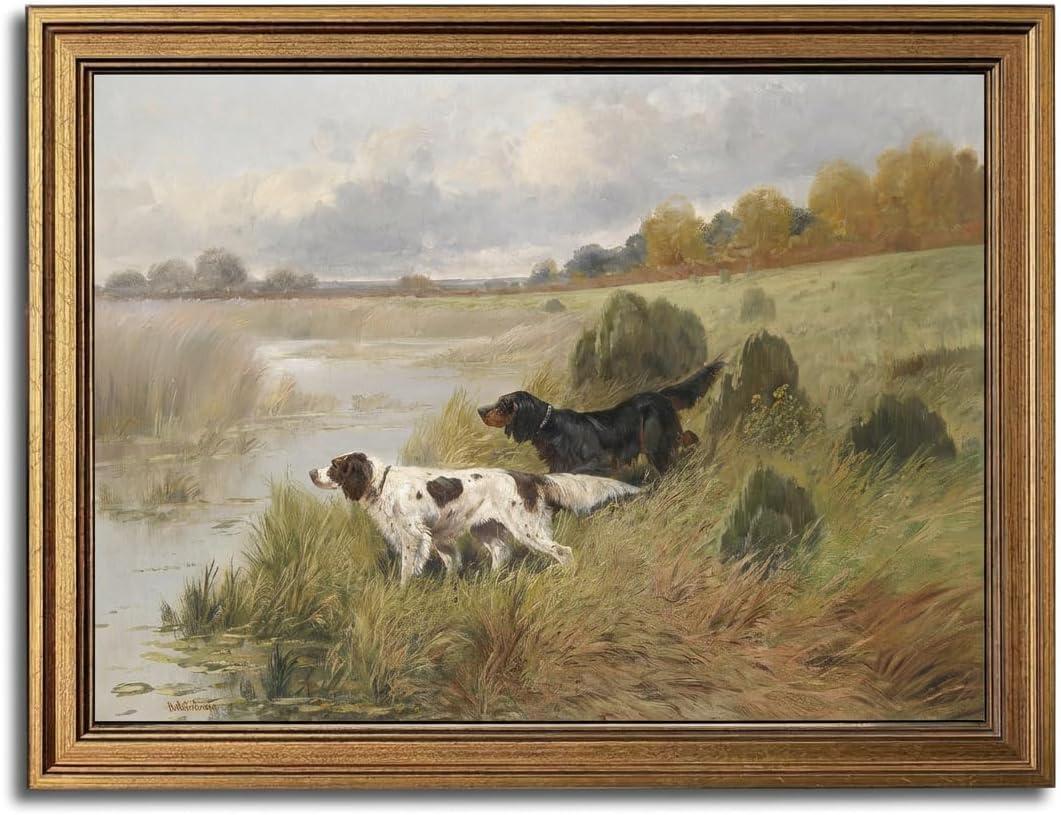 MakeRight Gold Framed Wall Art Vintage Wall Decor Hunting Dogs Canvas Art Landscape Pictures Rustic Paintings Countryside Artwork Farmhouse Prints For Kitchen Bedroom Living Room, 16x24 In