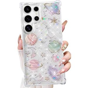 Changjia for Samsung Galaxy S25 Ultra Clear Glitter Case,Cute Bling Sparkle Planet Space Stars Moon Universe Pattern Soft TPU Silicone Shockproof Women Girls Protective Case for Galaxy S26 Ultra,Clear
