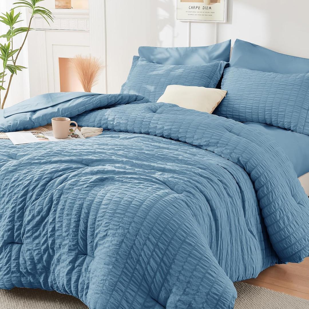 HYMOKEGE Mineral Blue Queen Comforter Set Seersucker 7 Pieces, All Season Luxury Bed in a Bag Queen for Bedroom, Bedding Set with Comforter, Sheets, Pillowcases & Shams